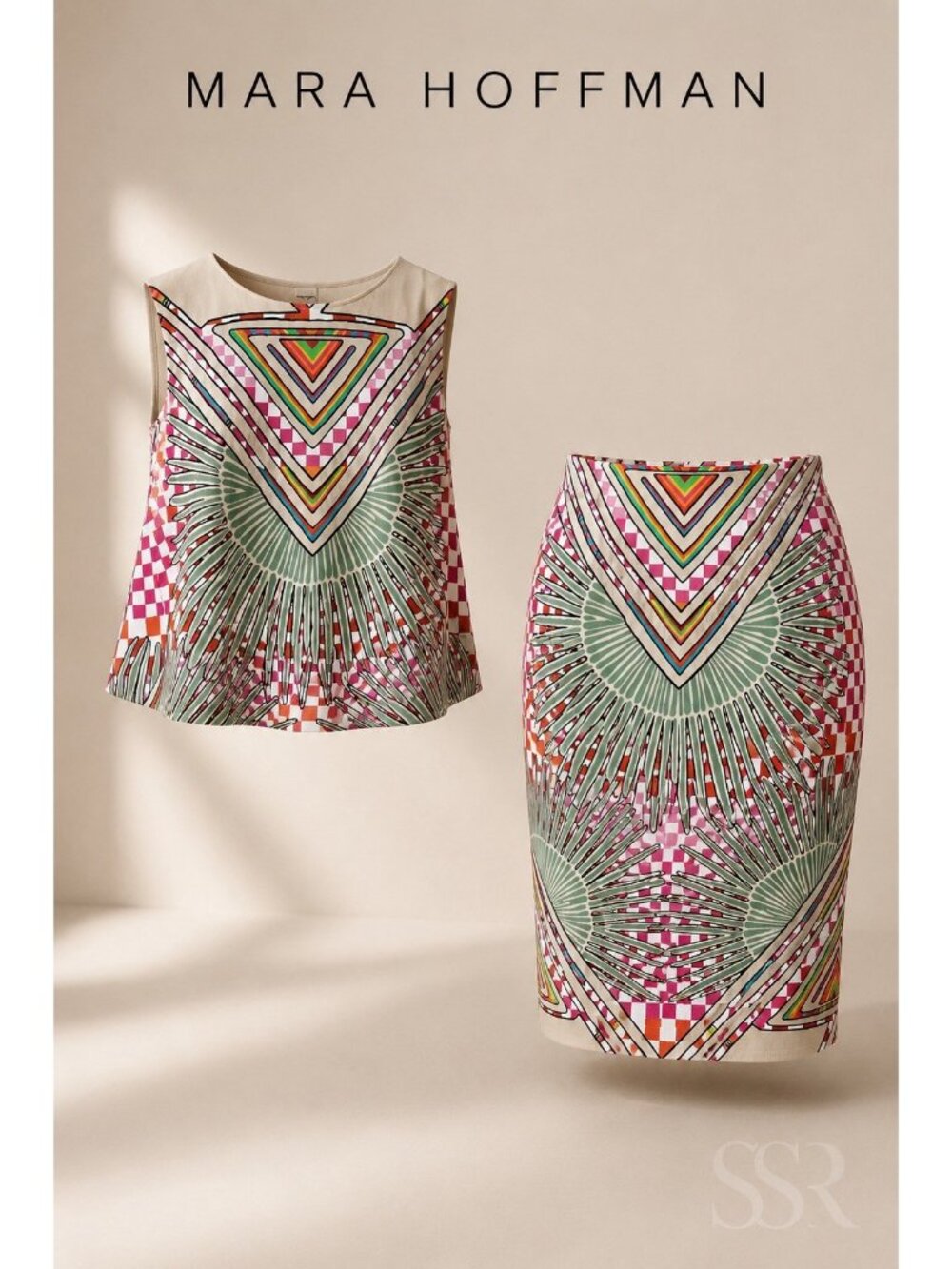 Mara Hoffman Printed Knit Top & Pencil Skirt Set Size M/S Colorful Geometric Vis